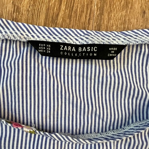 Zara Basic Blue & White Striped Shirt Embroidered Flowers Sz XS - Picture 2 of 5
